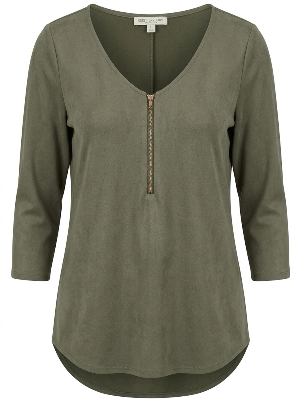 Green Envelope Women's Olive Zip-Front 3/4 Sleeve Top size large